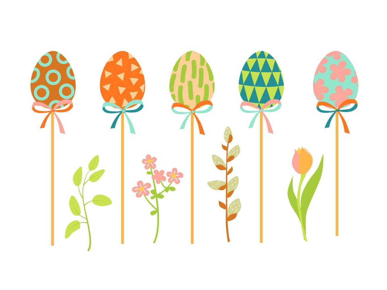 un conjunto de huevos pintados de pascua en palos y plantas de primavera - sauce, tulipán vector