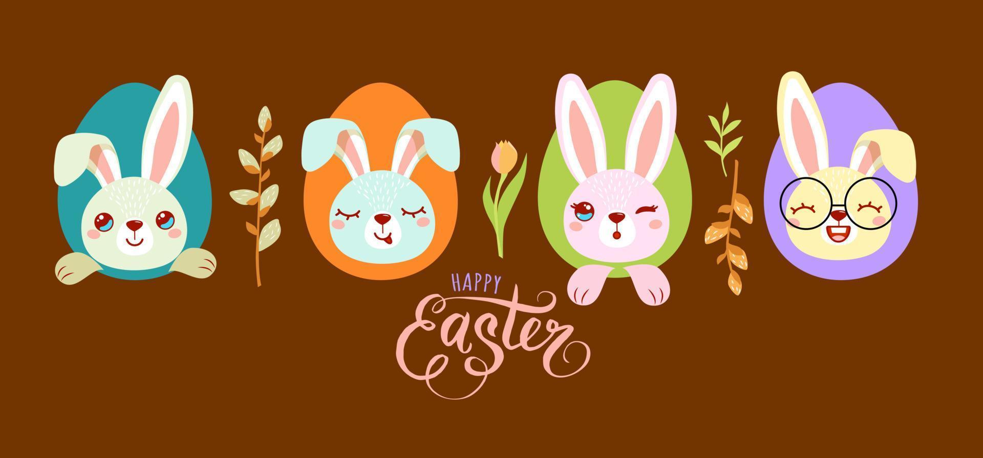 Set of easter bunny rabbits, willow twigs and tulip isolated on brown background vector illustration. Cute cartoon characters.