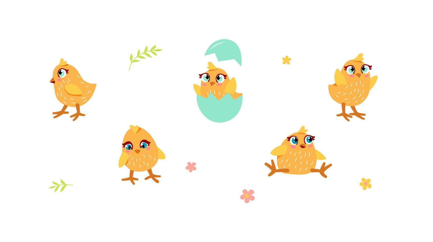 A set of cute chicks in different poses. Isolated vector illustration.