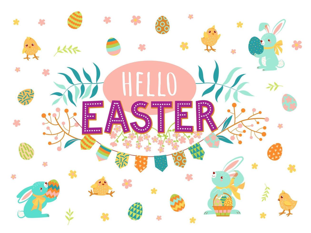 cute rabbits hold Easter eggs, chickens, carrots and various spring plants in their paws. Hello easter inscription. vector