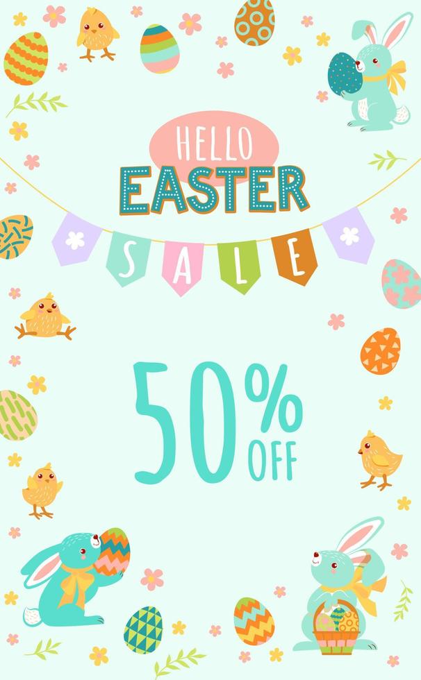 Cute easter bunnies hold colorful easter eggs, easter egg basket. Banner with Easter bunny and chickens  50 off. Poster, postcard  Hello Easter. vector