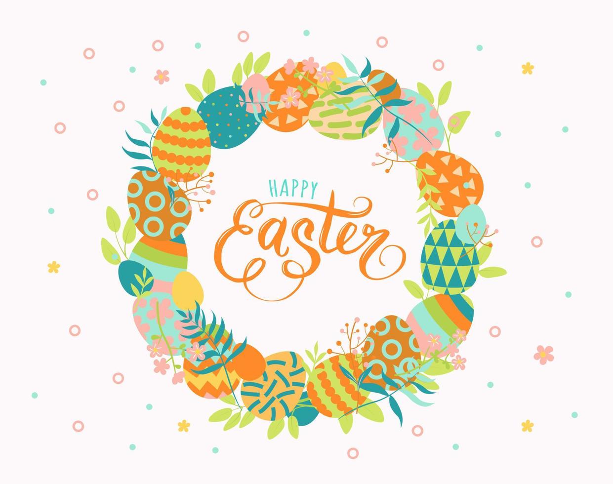 A wreath of painted Easter eggs and spring branches, lettering inside - Happy Easter. vector