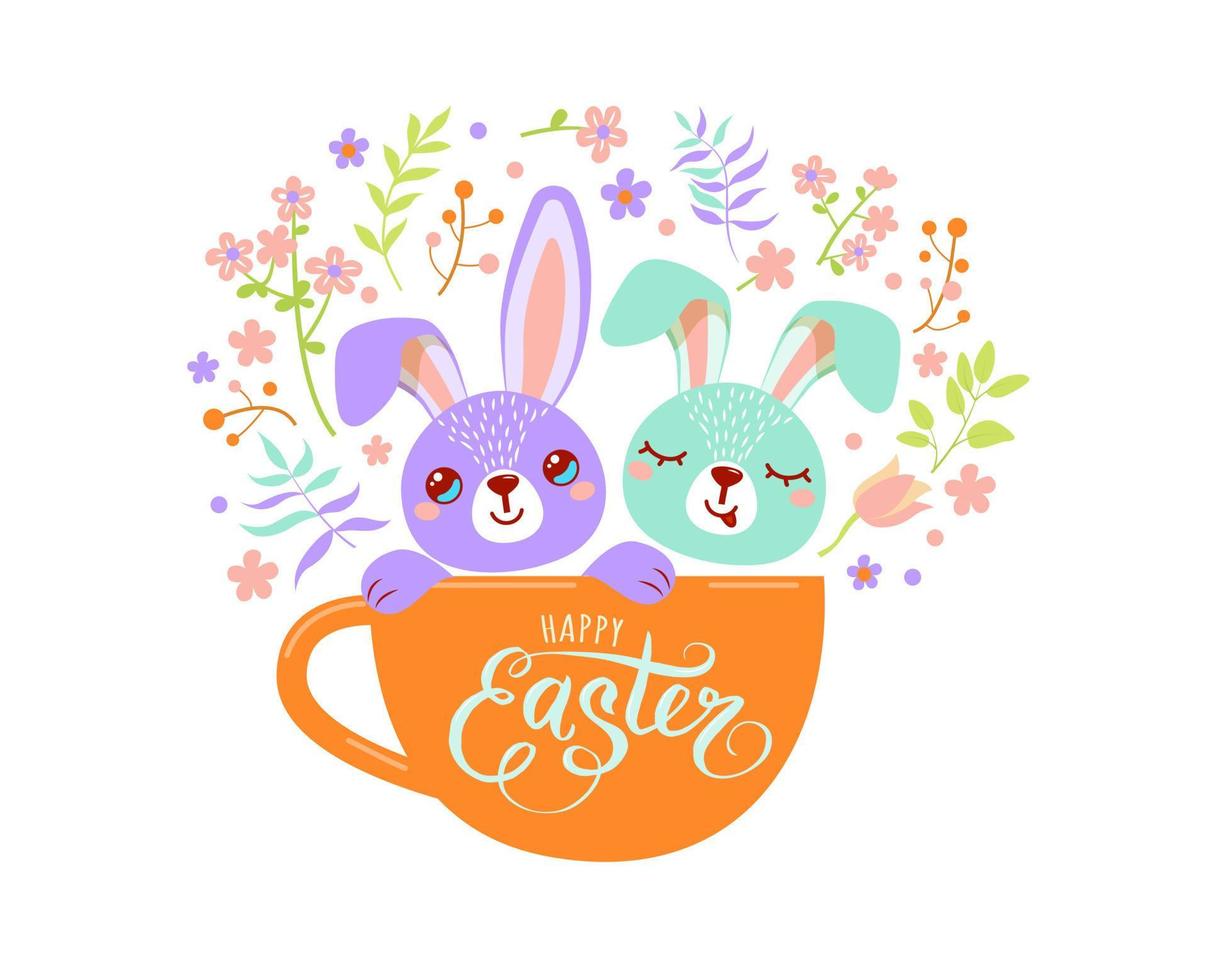 Two funny easter bunnies sit in the cup surrounded flowers, leaves and floral elements isolated on white background. Happy easter greeting vector illustration.