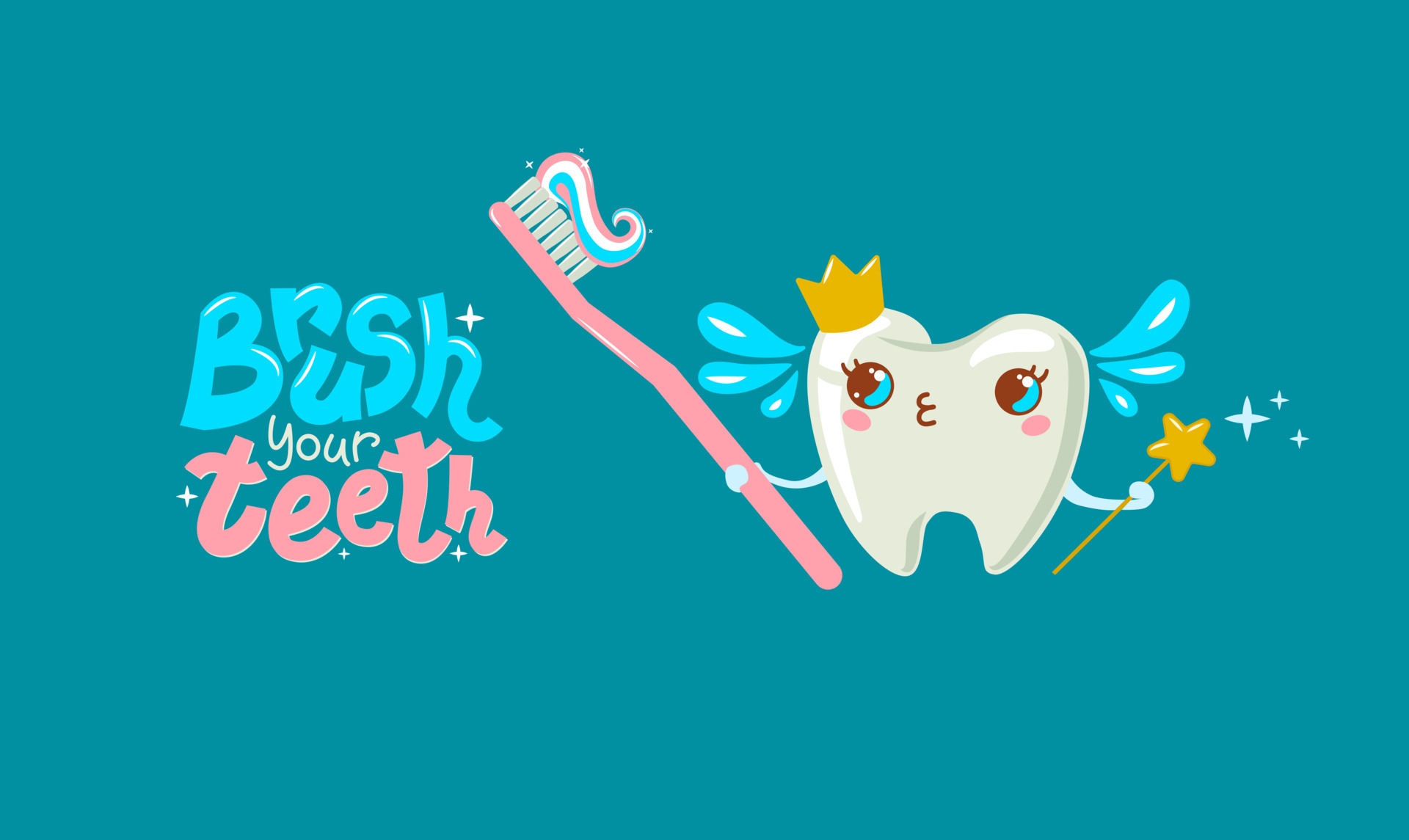 Vector illustration of a crowned tooth holding a toothbrush and paste