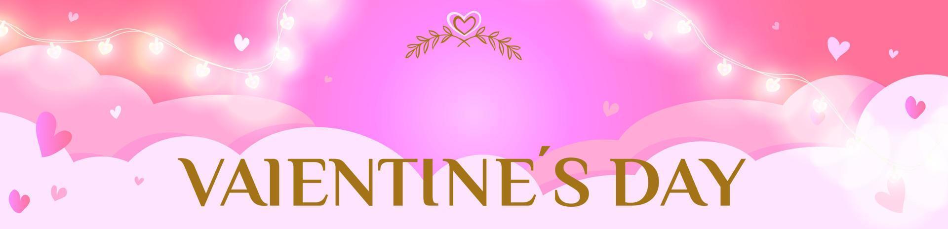 un cartel o pancarta con muchos corazones y una guirnalda luminosa y nubes sobre un fondo rosa claro. promoción y plantilla de compras o fondo para el concepto de amor y día de san valentín vector