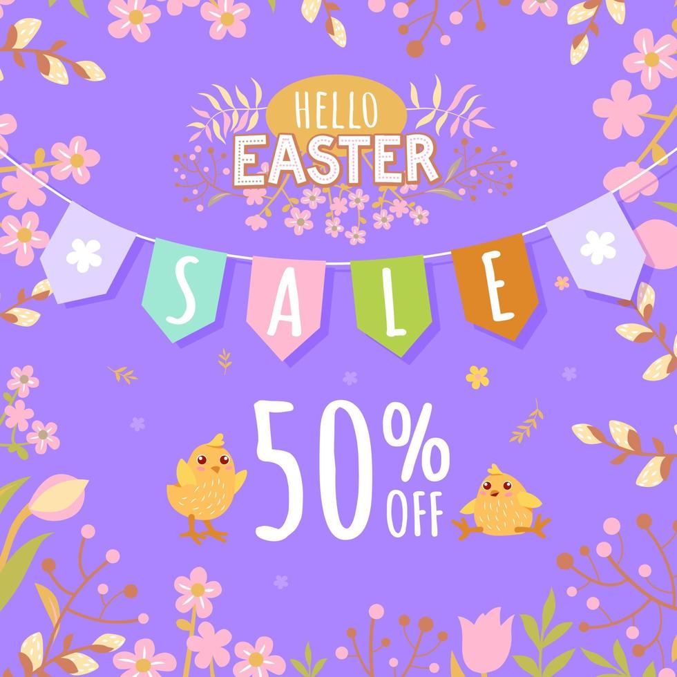 Banner with Easter chickens on a lilac background - 50 off. Poster, postcard  Hello Easter. vector