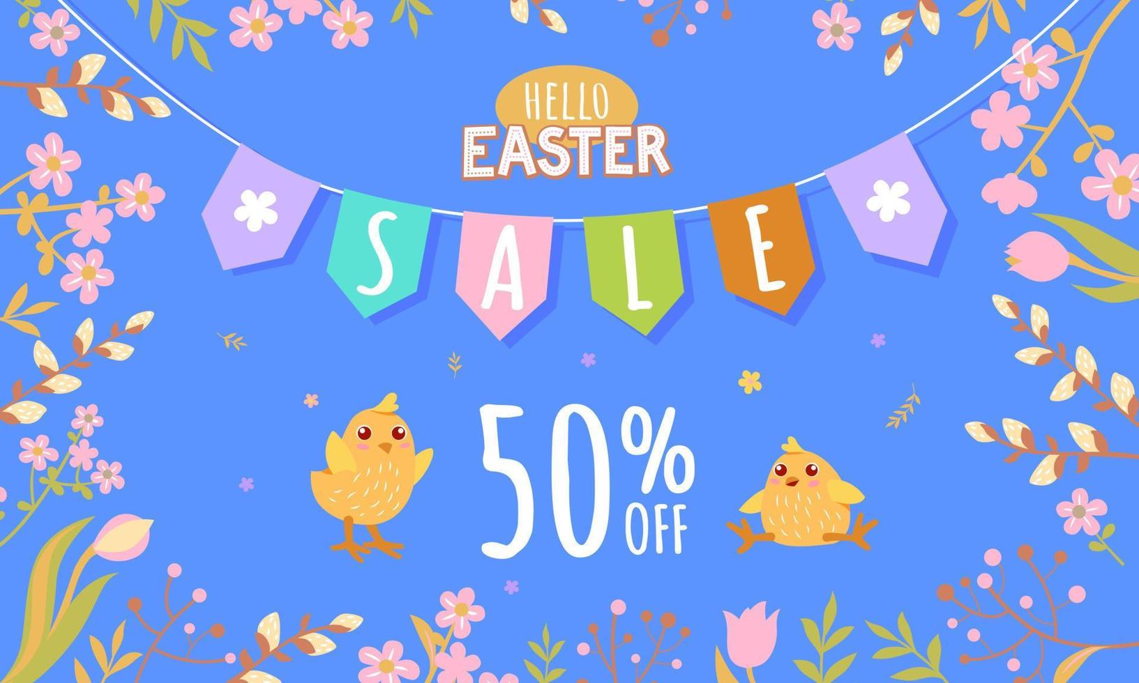 Banner with Easter chickens on a blue background - 50 off. Poster, postcard Hello Easter. vector