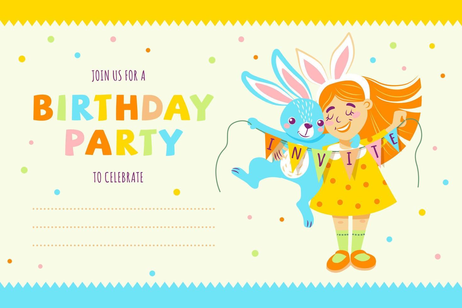 girl with a decoration on her head - with bunny ears, holding a bunny and earth with flags with the inscription - I invite you.Birthday invitation mockup. vector