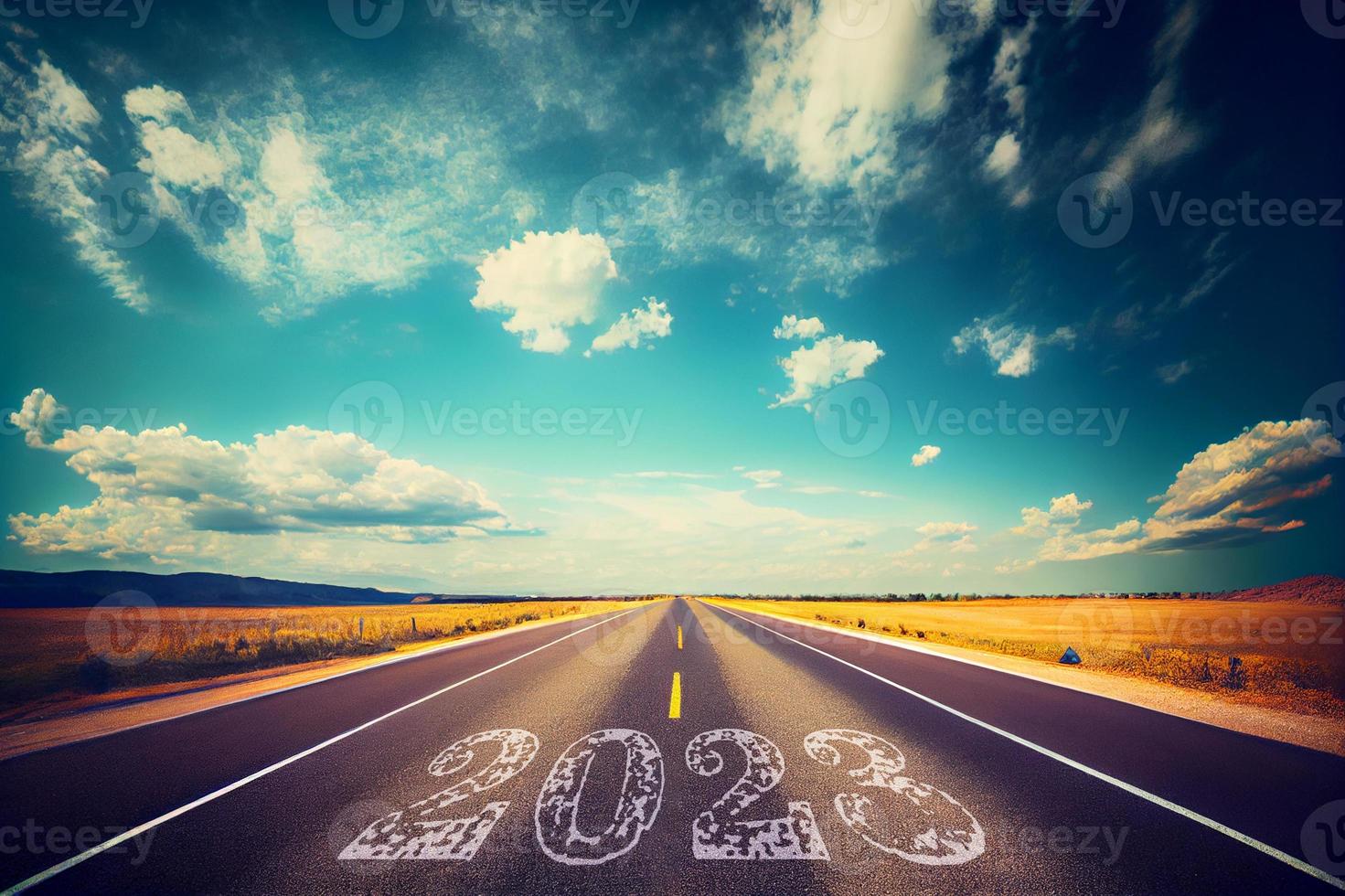 Highway road in the middle of empty asphalt road and New year 2023 concept with beautiful blue sky photo