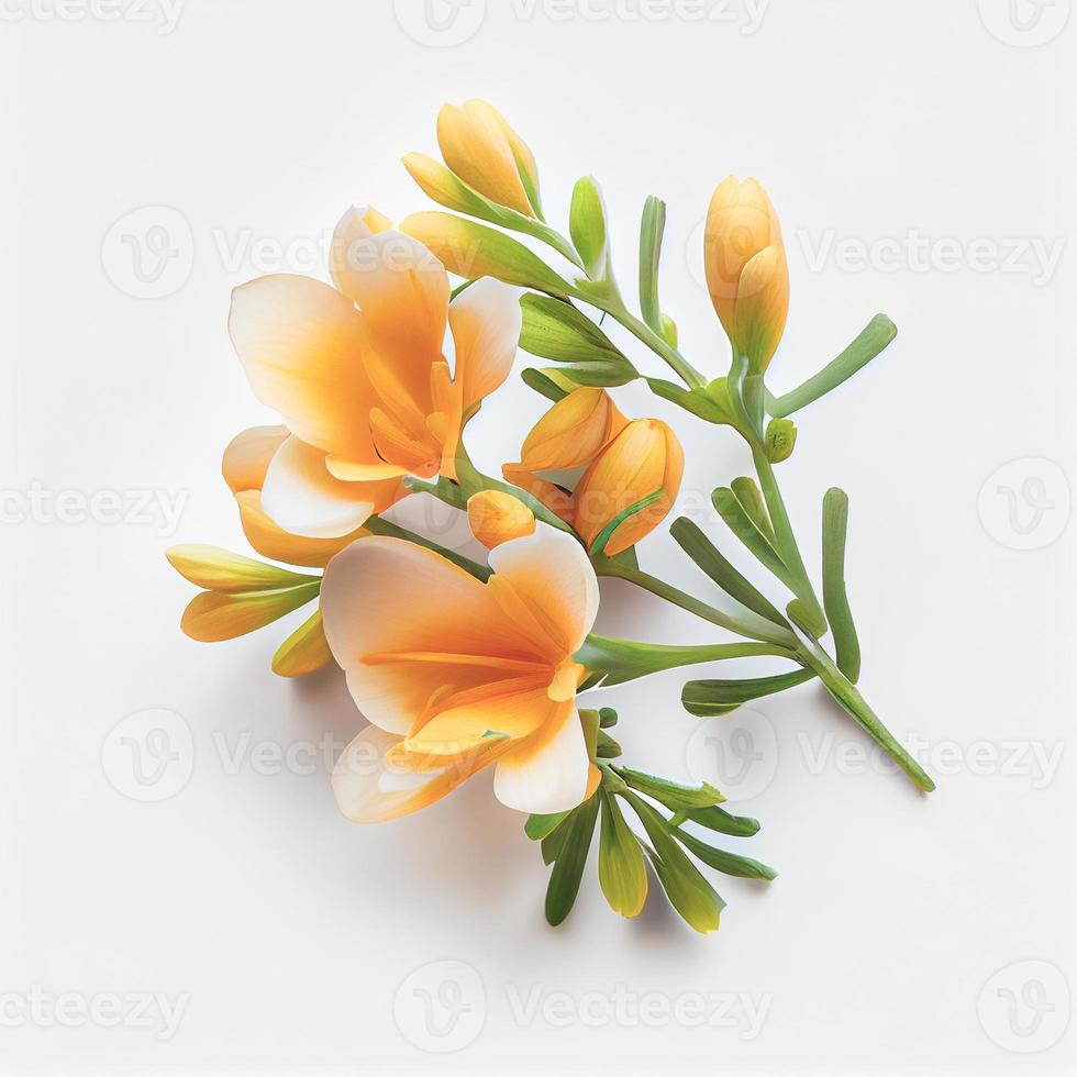 Top view a Freesia flower isolated on a white background, suitable for use on Valentine's Day cards photo