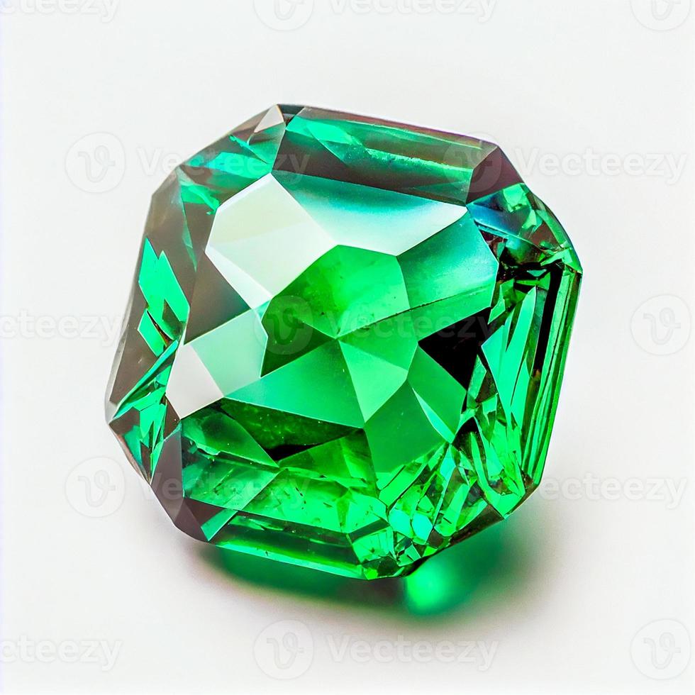 Emerald gemstone isolated on white background for jewelry shop. Beauty close up shot. photo