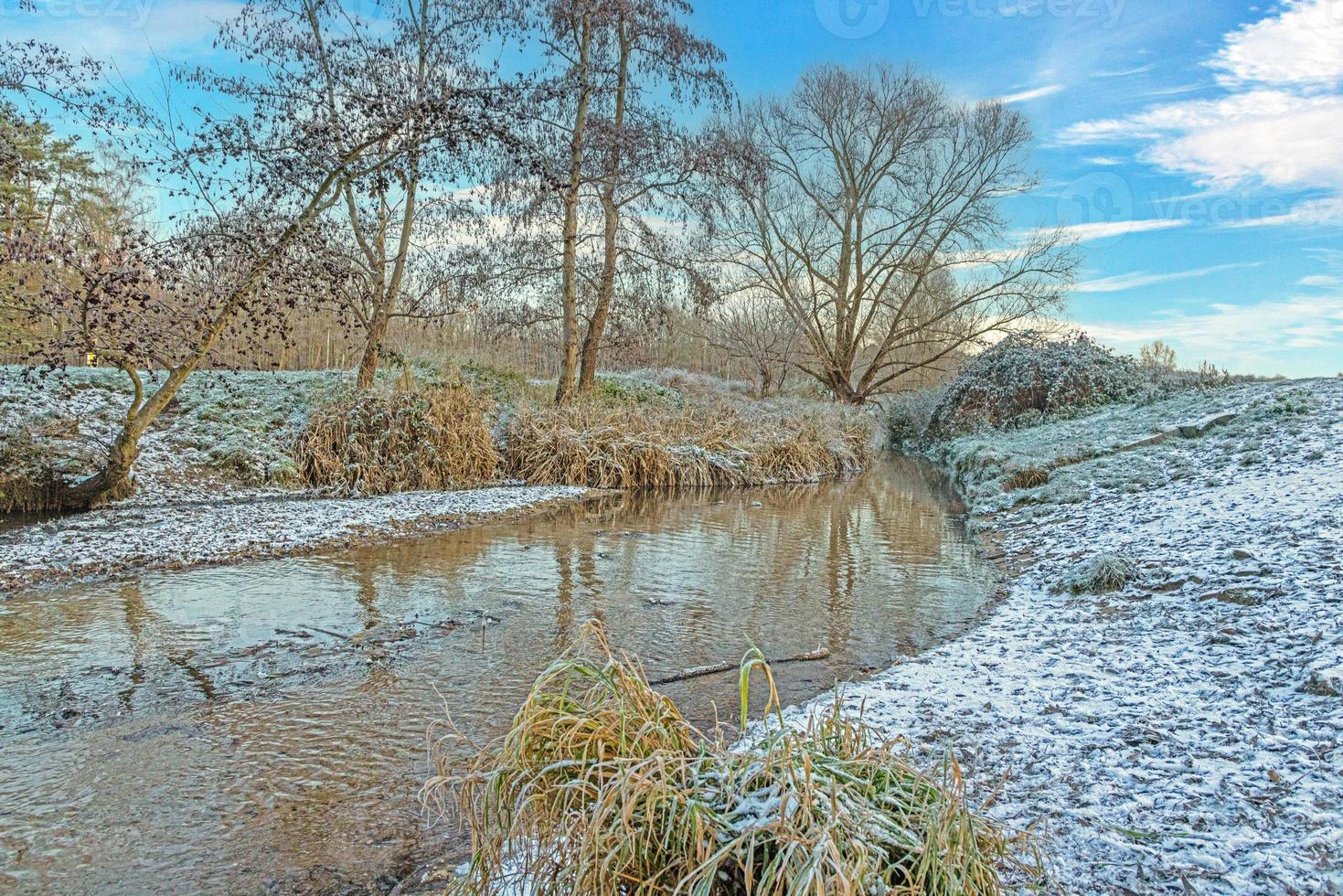 Image of a stream flowing through a winter forest photo