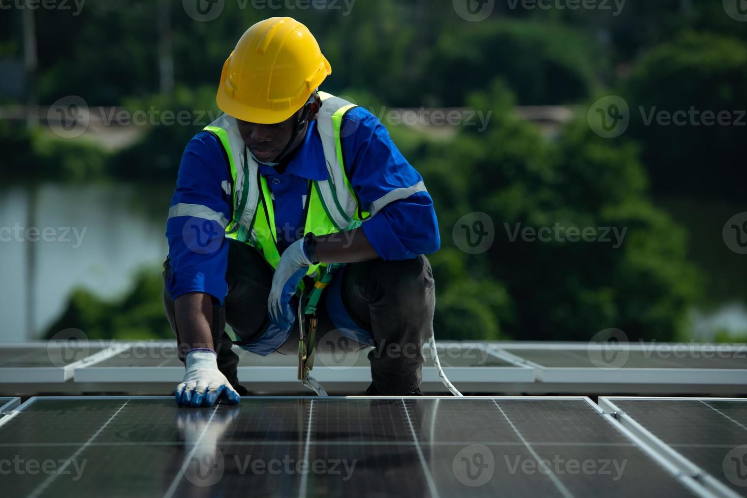 Engineer in charge of solar panel installation The installation of solar energy photo