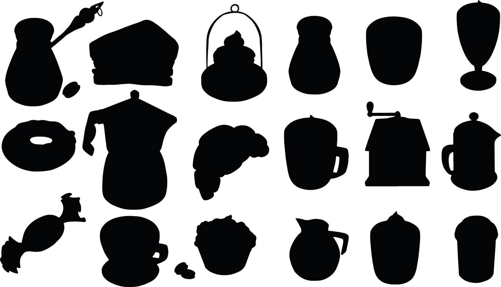 Different shapes of cups. Black silhouettes of mugs. Vector