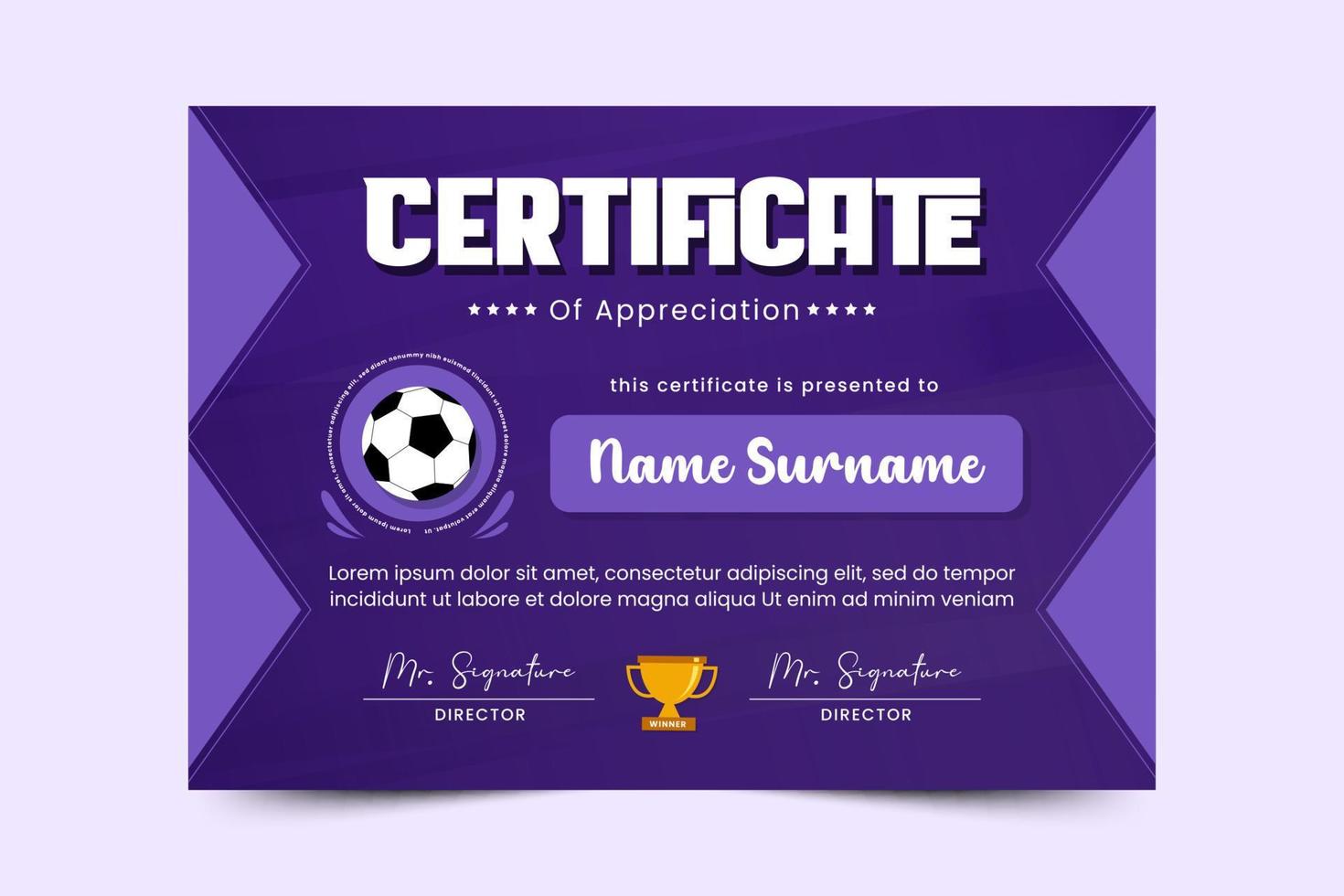 torneo de fútbol, plantilla de diseño de certificado de evento deportivo fácil de personalizar diseño simple y elegante vector