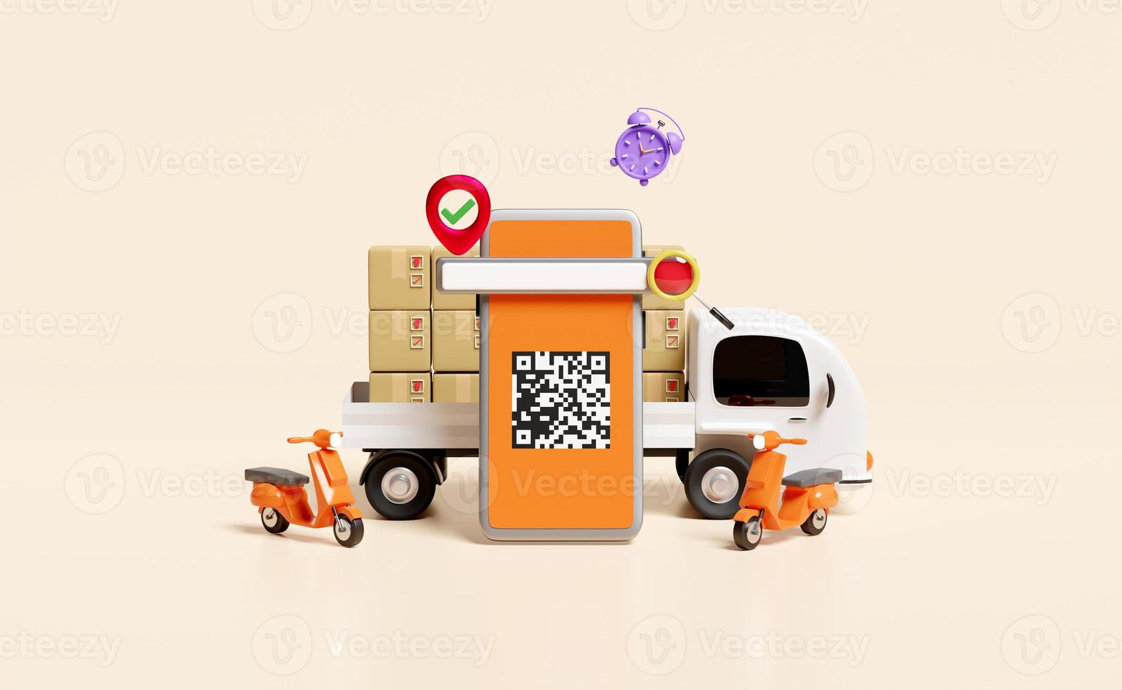 mobile phone, smartphone with truck, qr code scanning, goods cardboard box isolated on beige background. Online delivery, online order tracking, search data concept, 3d illustration, 3d render photo