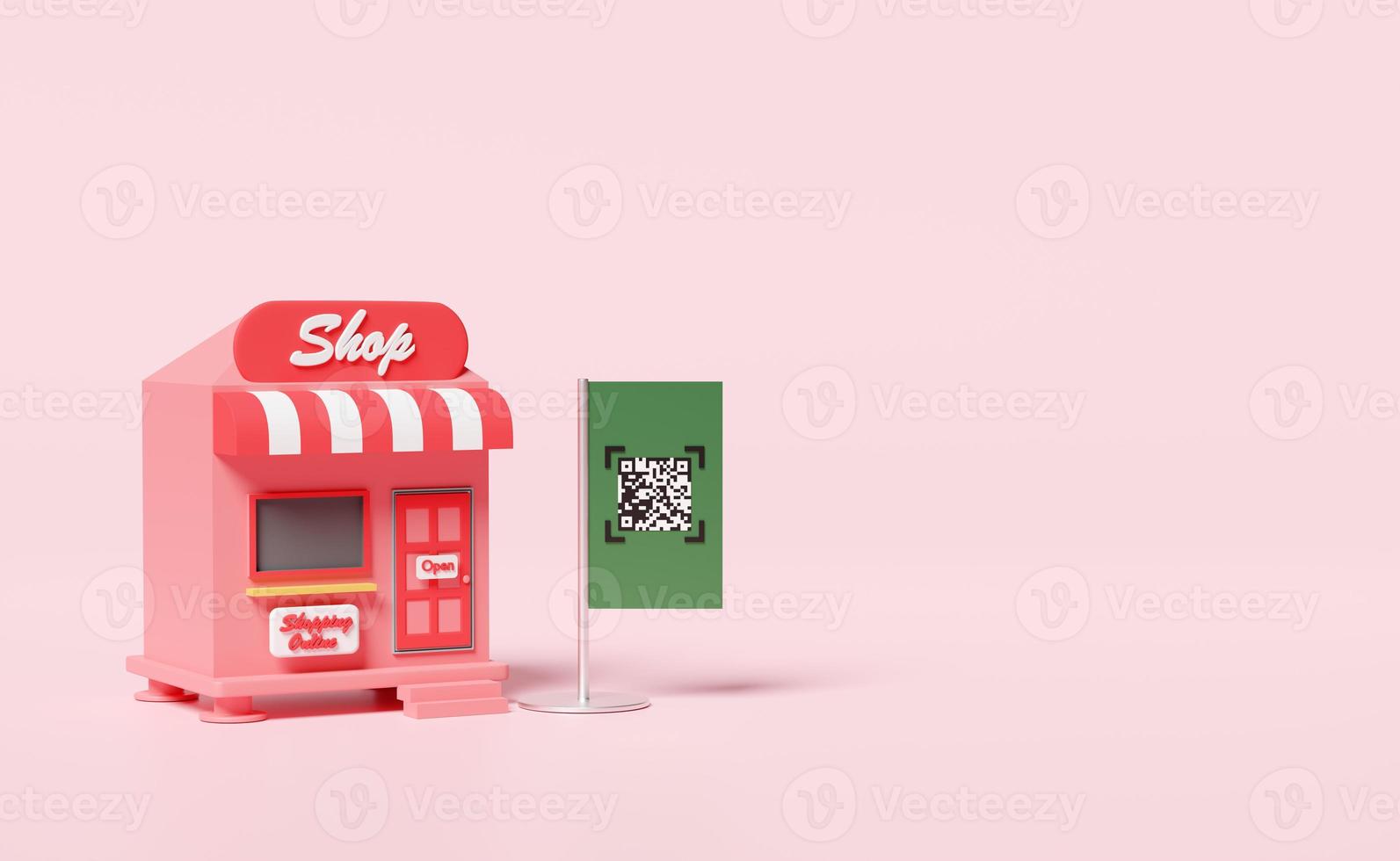 store front sign with qr code scanning isolated on pink background. online shopping concept, 3d illustration, 3d render photo