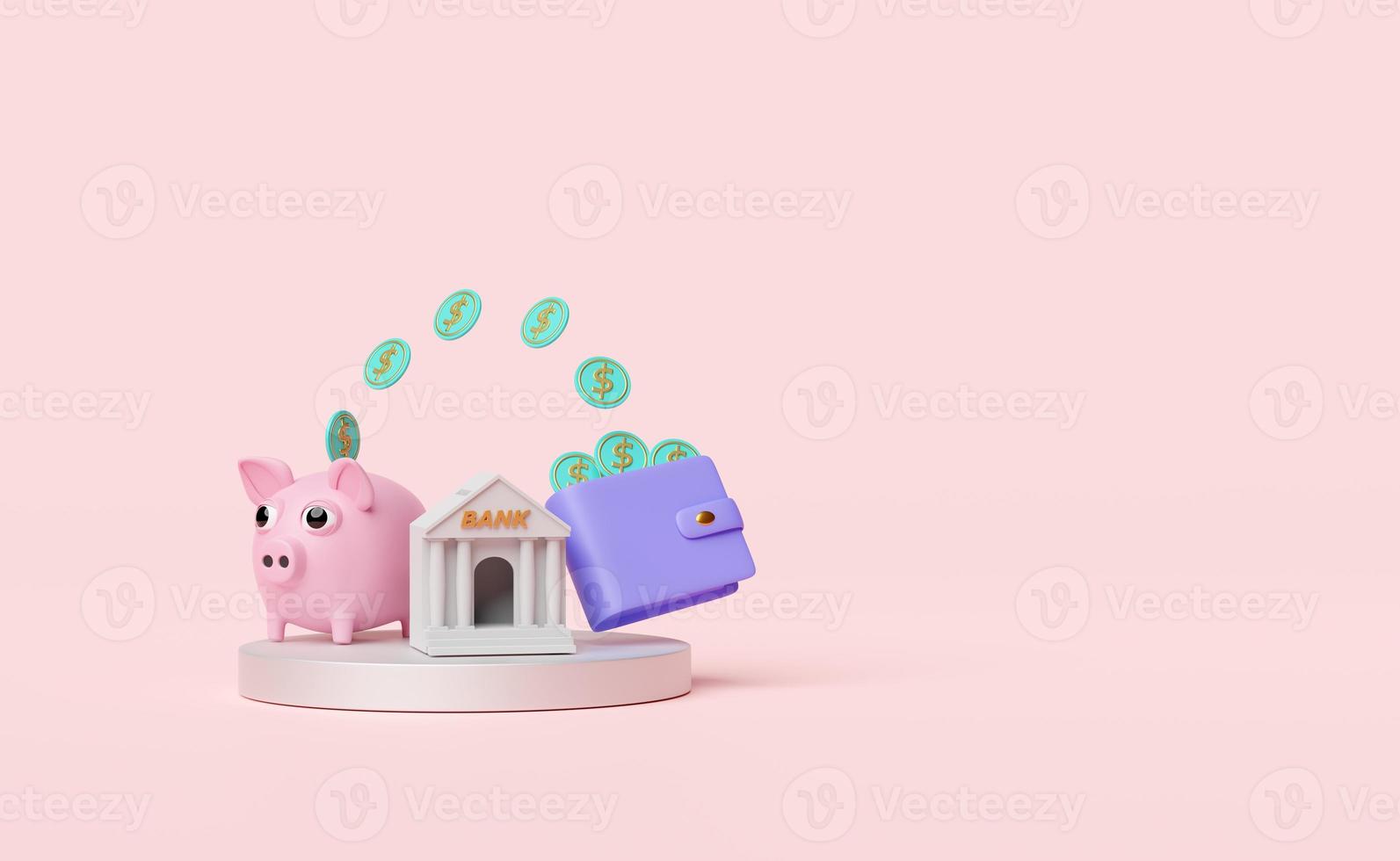 bank or tax office building with dollar coin, piggy bank, wallet, stage podium isolated on pink background. saving money concept, 3d illustration, 3d render photo