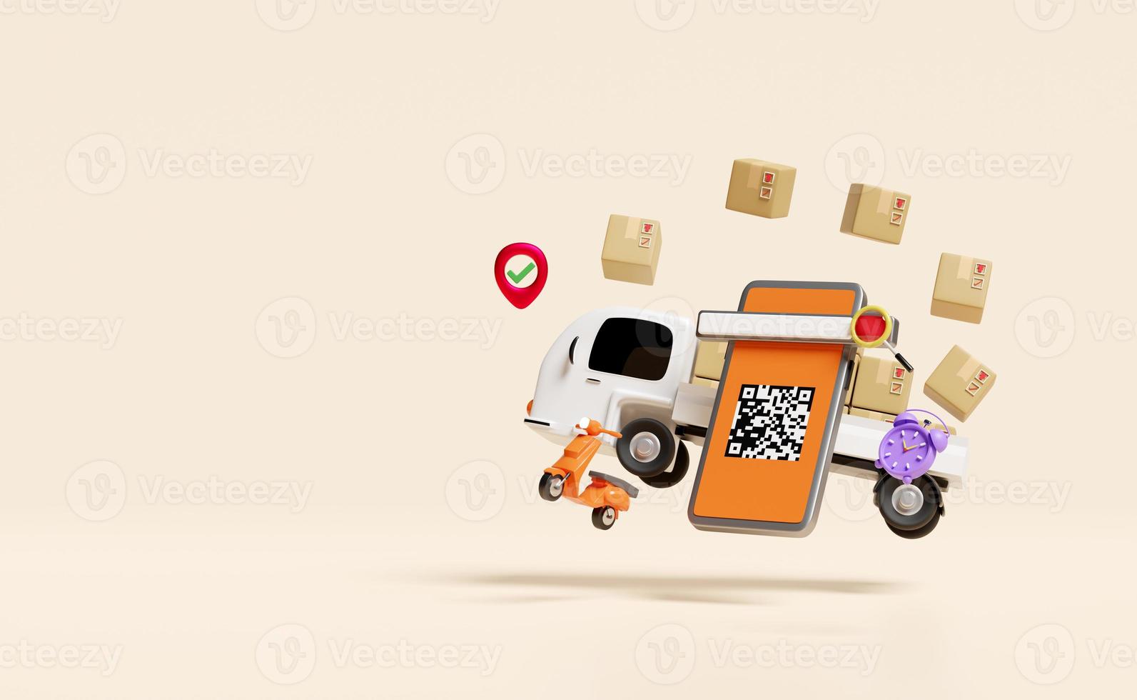 mobile phone, smartphone with truck, qr code scanning, goods cardboard box isolated on beige background. Online delivery, online order tracking, search data concept, 3d illustration, 3d render photo