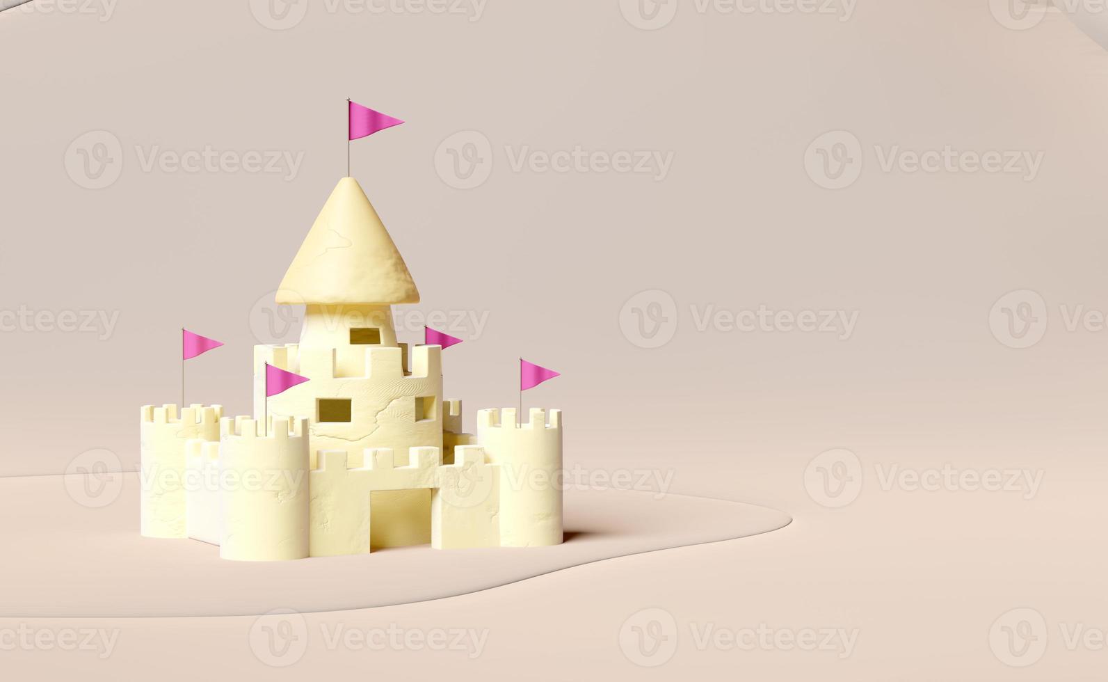 plastilina de castillo 3d aislada sobre fondo marrón. torres, concepto de icono de juguete de arcilla fuerte, representación de ilustración 3d foto