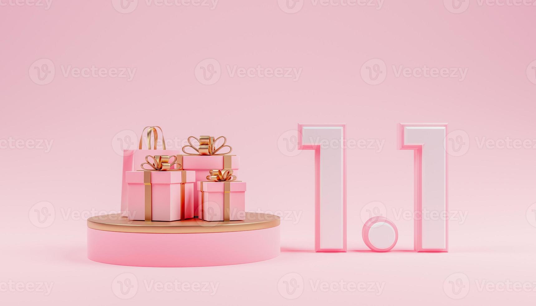 3D Render 1.1, Gift Box, Paper Bag, and Podium for Promotional Media. Global shopping world day Sale on pastel background photo