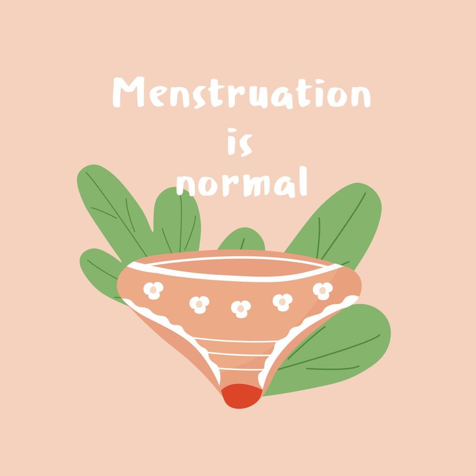 Menstruation bloody bikini flat vector illustration with floral background. Menstruation normalize.