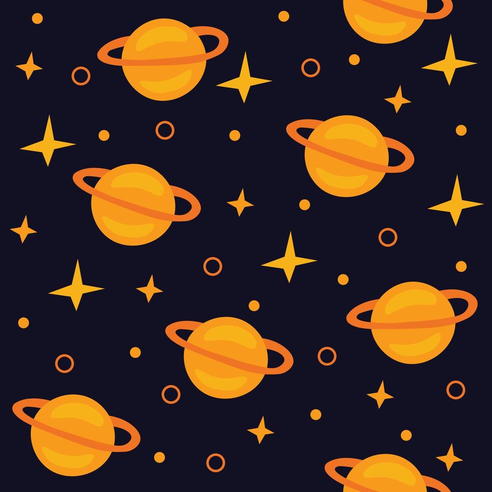 Seamless pattern with saturn planets and stars on dark background. Cartoon cosmic illustration for print. vector