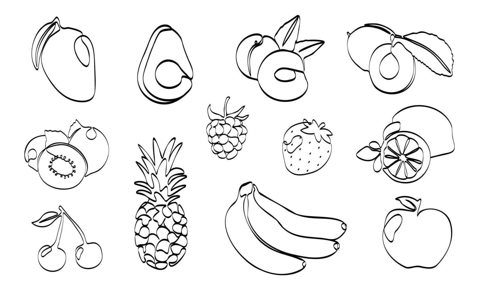 Continuous one line drawing fruits. Vector illustration. Black line art on white background. Set with cartoon fruits isolated on white background. Vegan concept