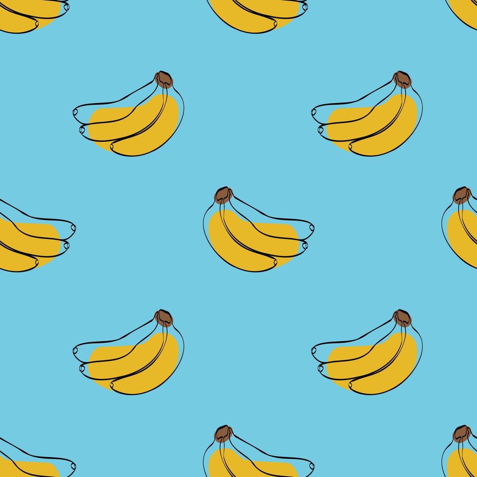 patrón sin costuras con plátano sobre fondo azul. plátano de dibujo continuo de una línea. arte de línea negra sobre fondo azul con manchas de colores. concepto vegano vector