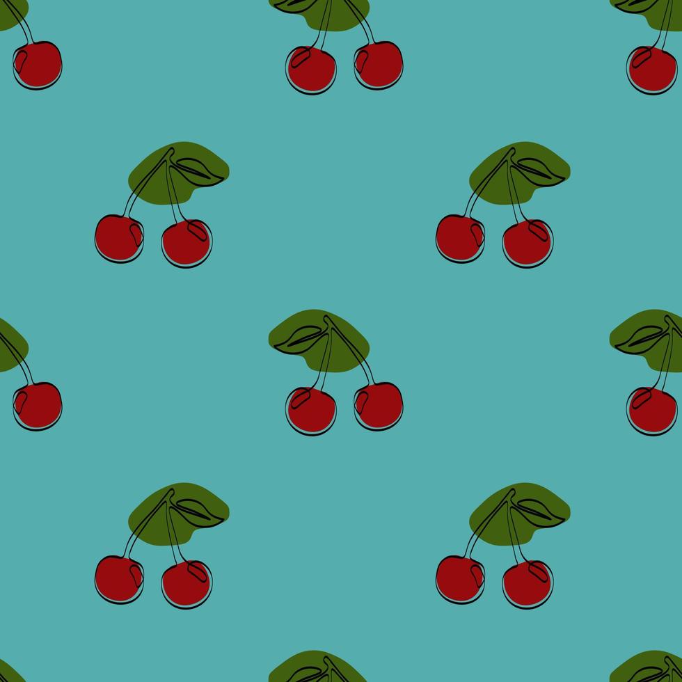 Seamless pattern with cherry on blue background. Continuous one line drawing cherry. Black line art on blue background with colorful spots. Vegan concept vector