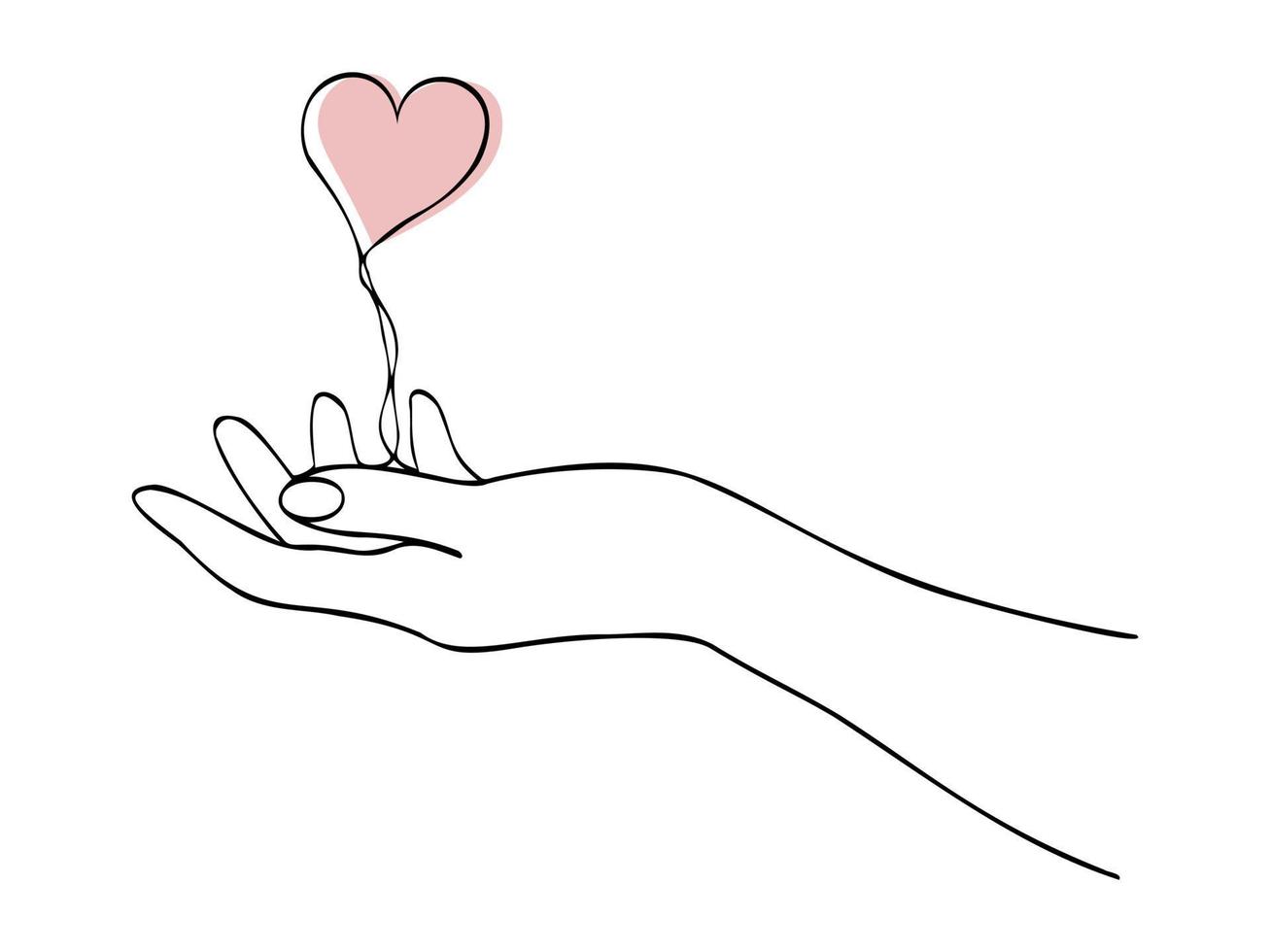 Continuous one line drawing with hand and heart. Hand holding heart. Vector illustration. Black line art on white background.