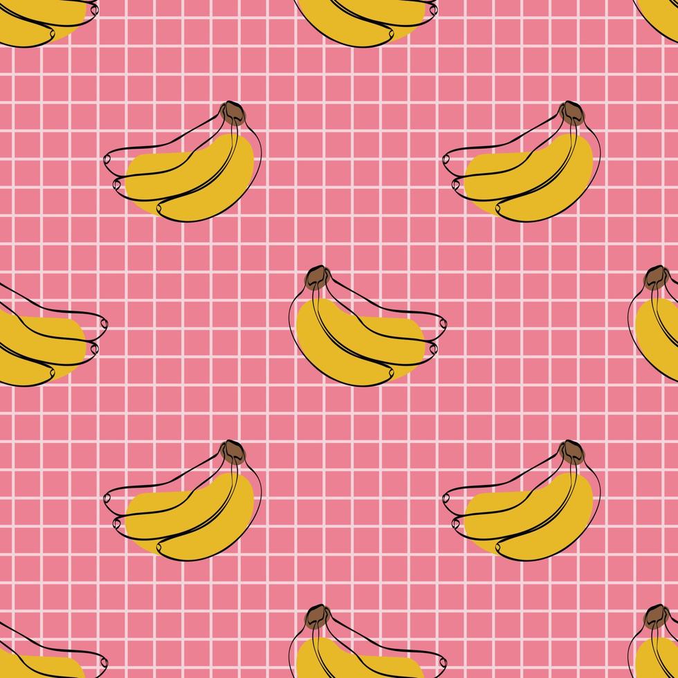 Seamless pattern with banana on pink background. Continuous one line drawing banana. Black line art on pink  background with colorful spots. Vegan concept vector