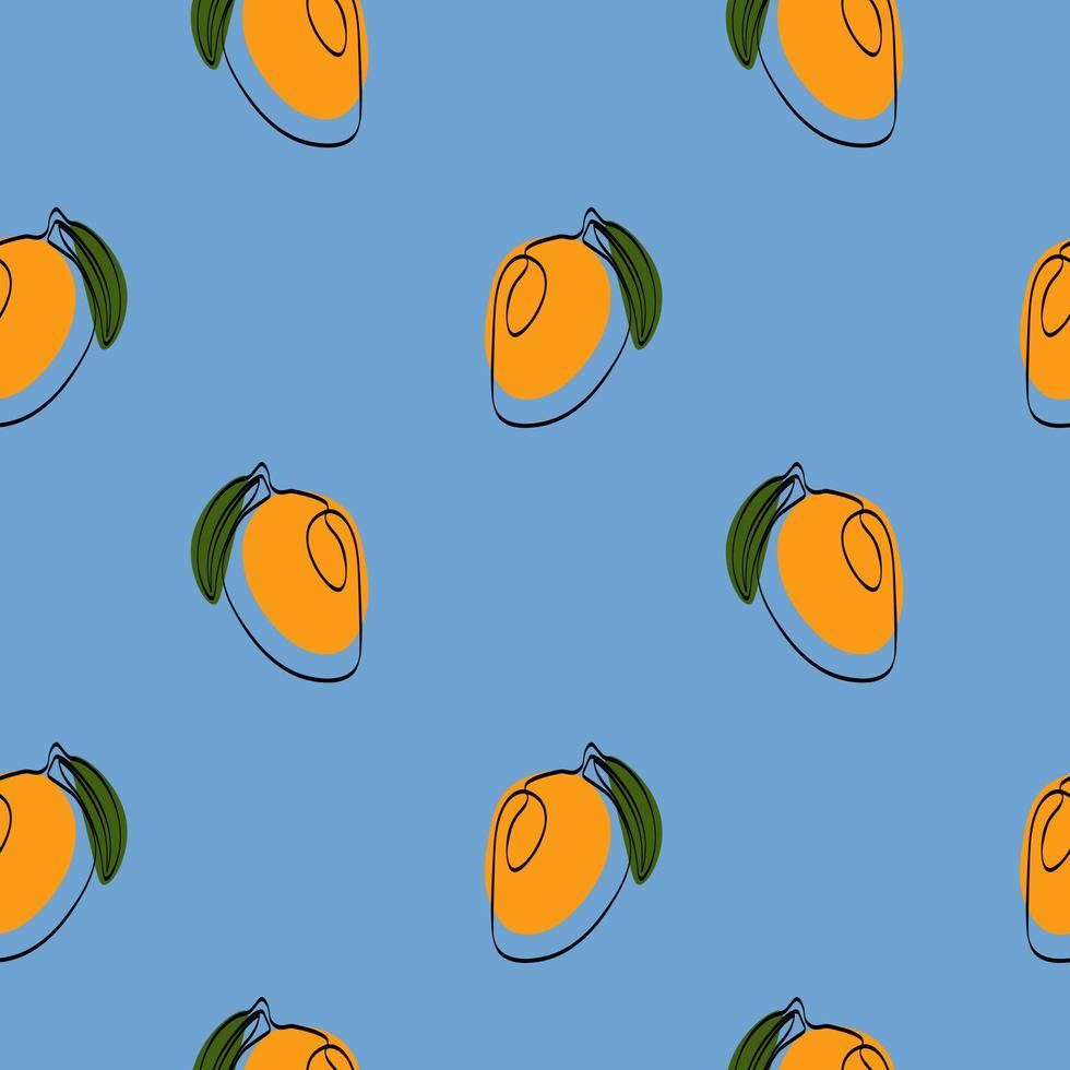 Seamless pattern with mango on blue background. Continuous one line drawing mango. Black line art on blue background with colorful spots. Vegan concept vector