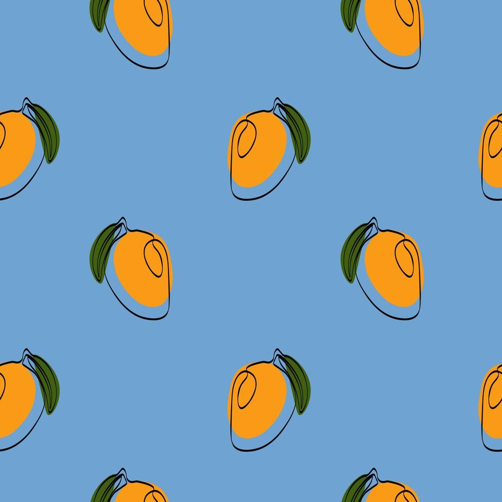 Seamless pattern with mango on blue background. Continuous one line drawing mango. Black line art on blue background with colorful spots. Vegan concept vector