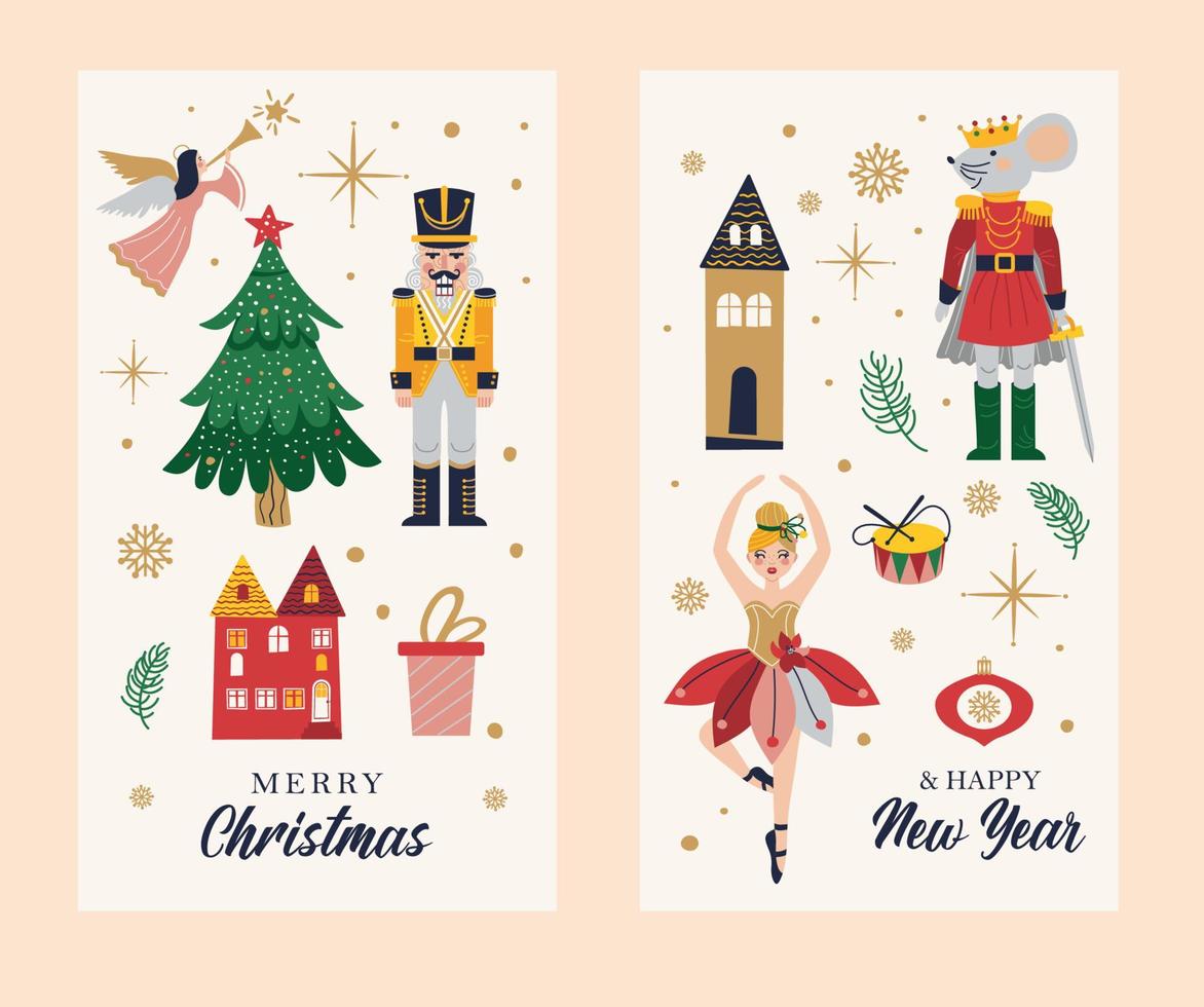 Merry Christmas, New Year set with Nutcracke, Ballerina, Mouse King. Christmas card with three and toys. vector