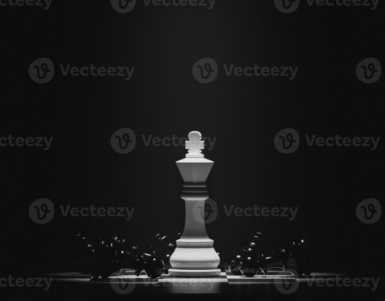 rey de ajedrez blanco entre peones negros mentirosos. Ilustración de renderizado 3d en estilo vintage con ruido. foto