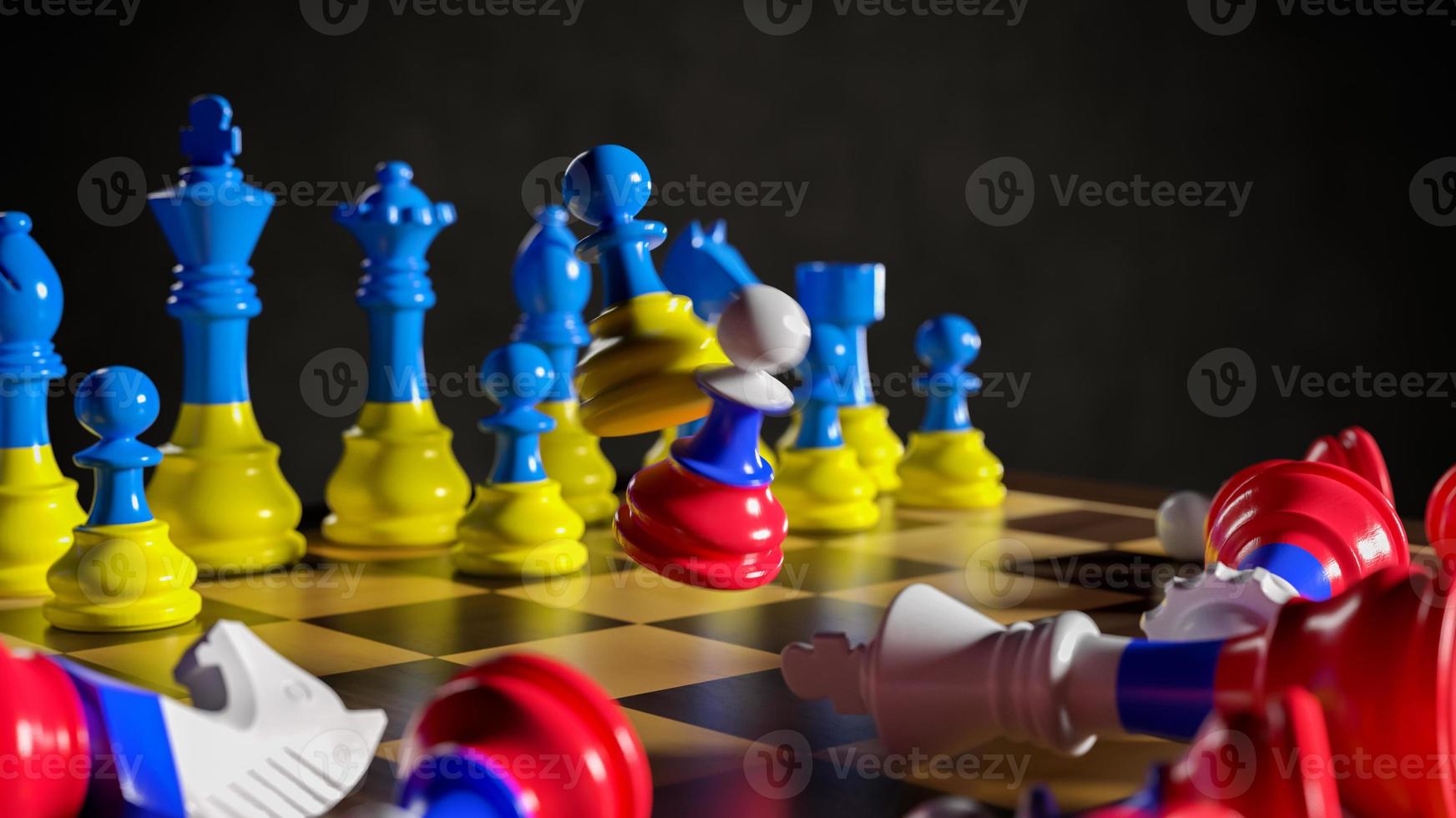 Russia's aggression against Ukraine. Chess in the colors of flags. 3D rendering illustration. photo