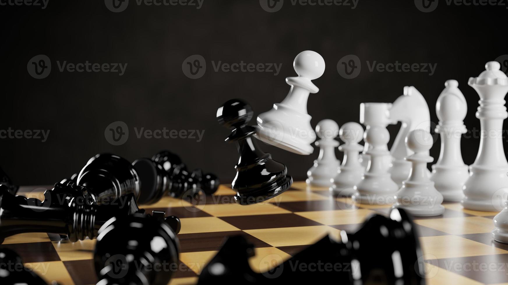 Black and white chess pieces on a chessboard. 3D rendering illustration. photo