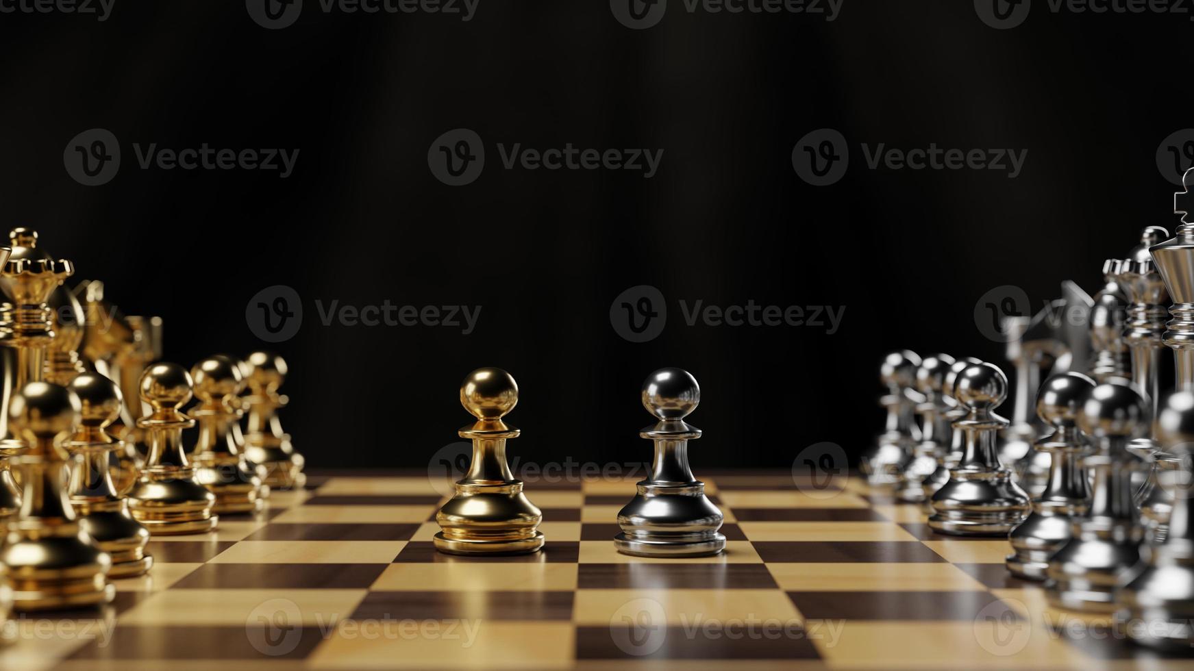 Gold and silver chess figures placed on chessboard. 3D rendering illustration. photo