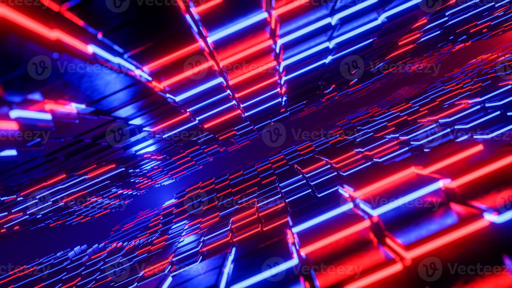 Flying through a tunnel of glowing cubes. 3D rendering illustration. photo