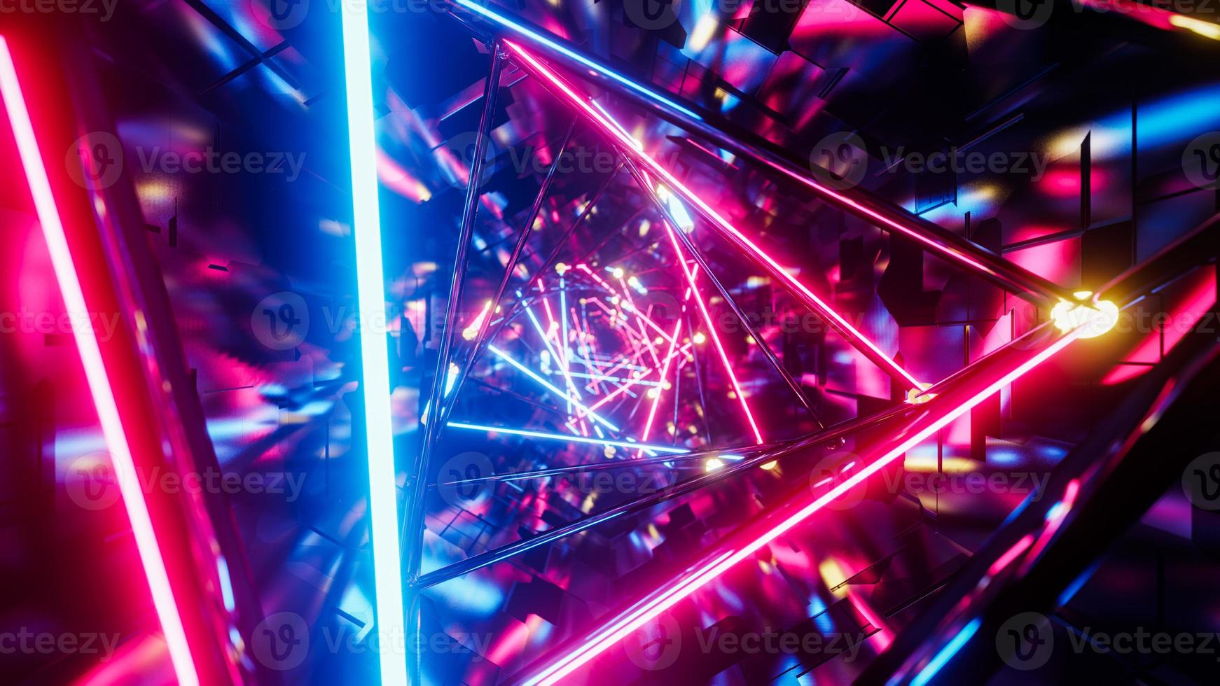 Flying into rotation triangle digital tunnel. 3D rendering illustration photo
