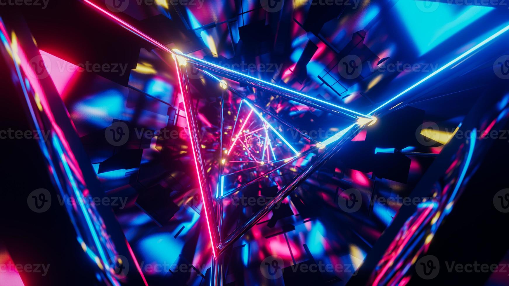 Motion graphic of flying into rotation triangle digital tunnel. 3D rendering illustration. photo