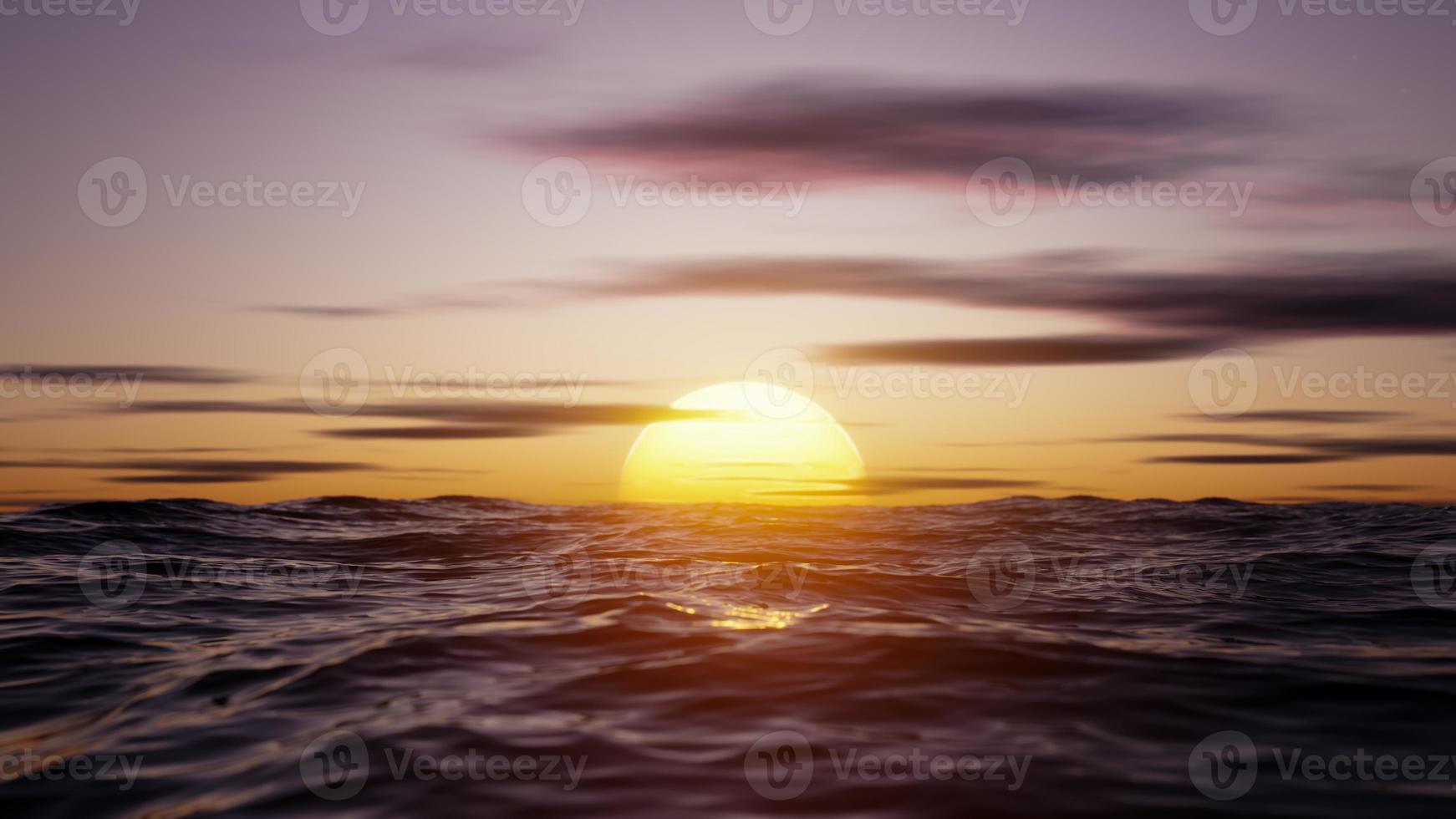 Big hot sun in the reflection of the sea over the horizon. 3D rendering illustration. photo
