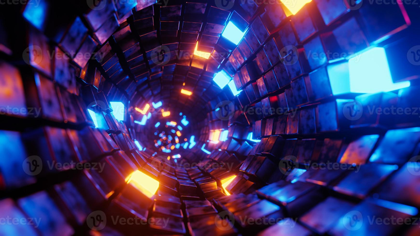 Flying in a tunnel with glowing cubes. 3D rendering illustration. photo