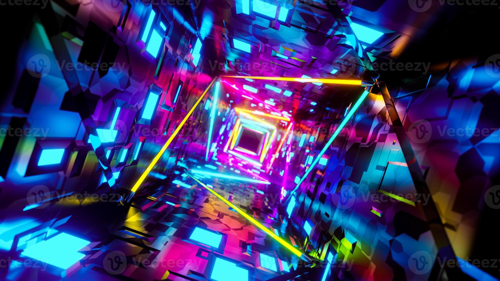 Flying in a tunnel with flashing multicolored fluorescent lights. 3D rendering illustration. photo