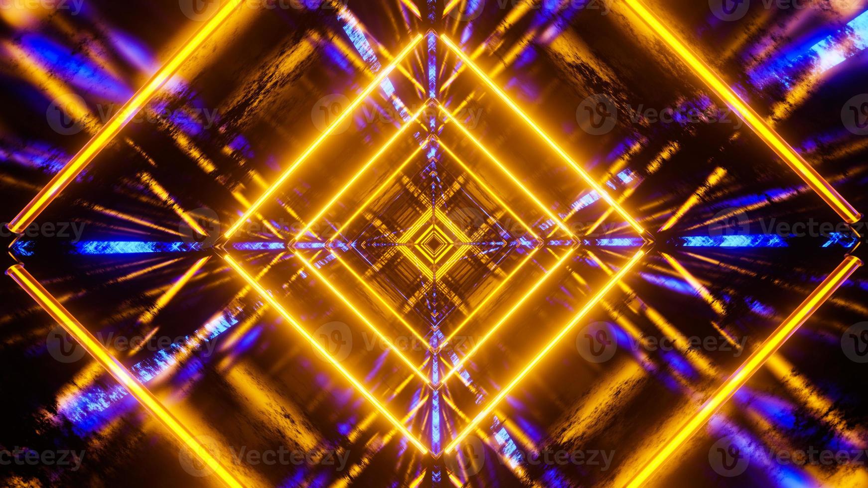 Flying in a tunnel with flashing yellow fluorescent lights. 3D rendering illustration. photo