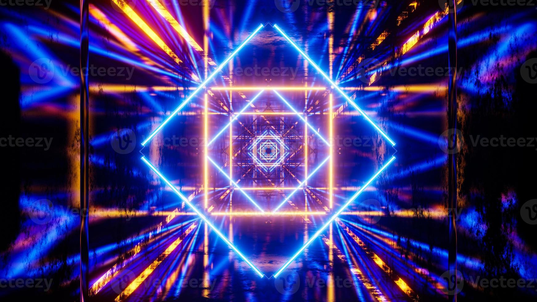 Flying in a tunnel with flashing blue and yellow fluorescent lights. 3D rendering illustration photo