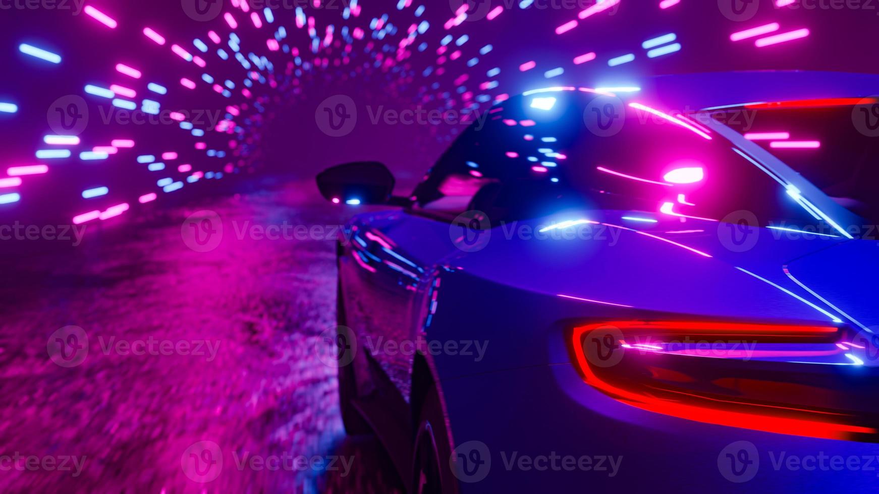 A sports car rushes through a neon tunnel. 3D rendering illustration. photo