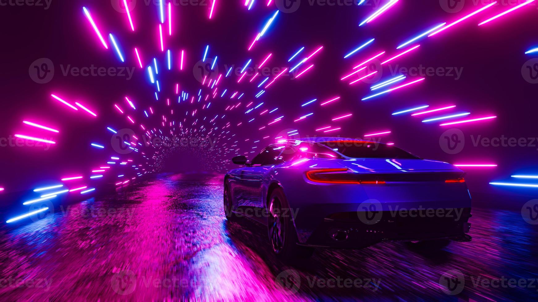 A sports car rushes through a neon tunnel. 3D rendering illustration. photo