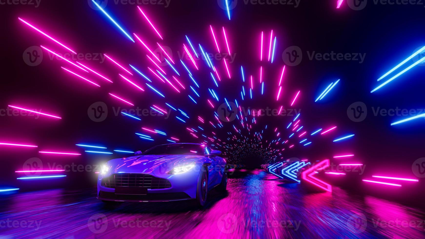 A sports car with its headlights on is racing down a night road. 3D rendering illustration. photo